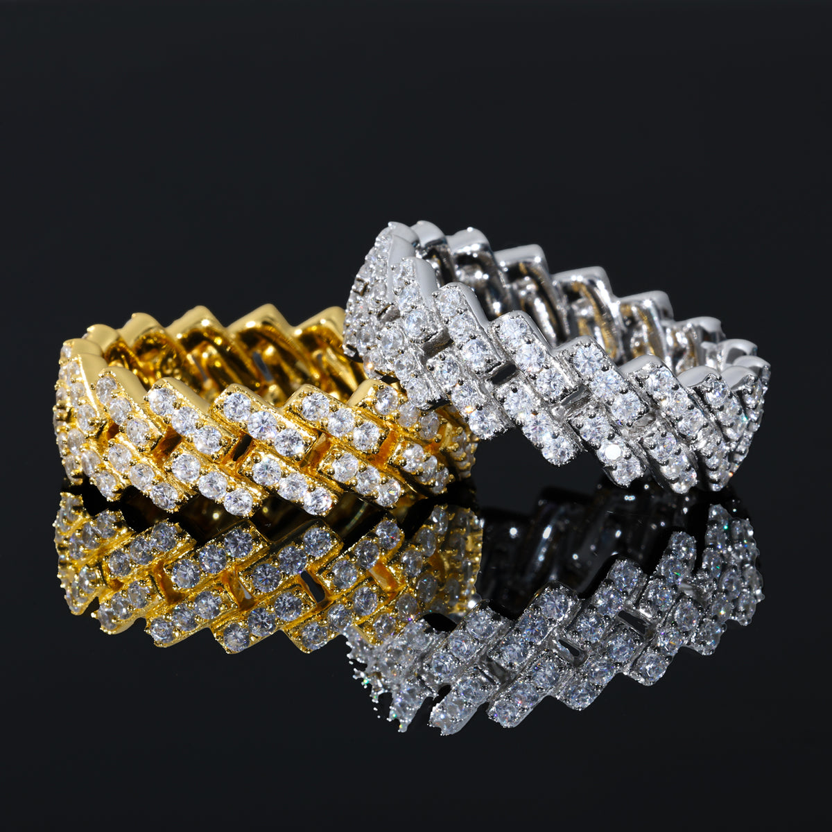 5 mm iced-out Cuban link moissanite ring in gold tone