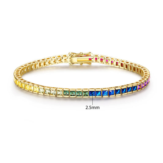New Trendy 18K Gold Plated Square Rainbow CZ Tennis Bracelet Women's Hip Hop Jewelry Brass Chain & Link Couple