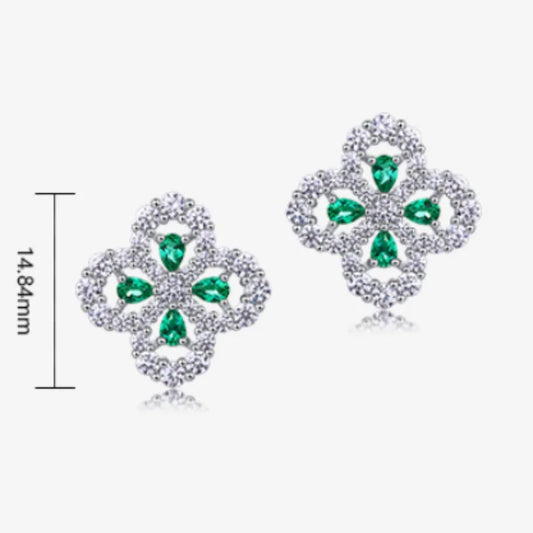 Vintage Hollow Four Leaf Clover Earrings 925 Sterling Silver with Green CZ Micro Pave Halo Luxury Bridal Jewelry