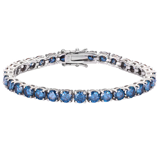 Royal blue moissanite tennis bracelet in S925 sterling silver on a white background