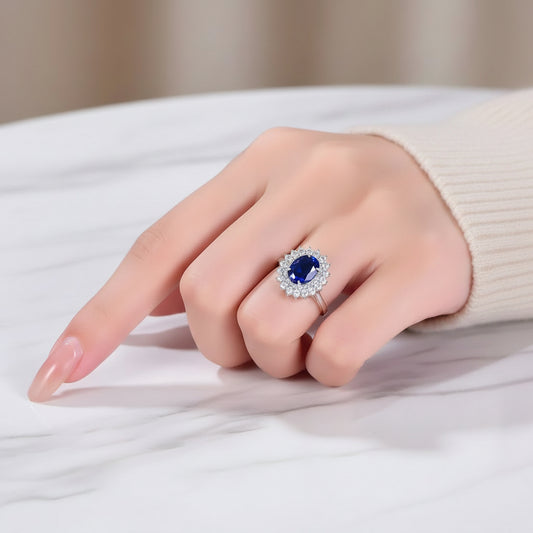 2 Carat Royal Blue Lab-Grown Sapphire Halo Ring in 925 sterling silver, alternate product view