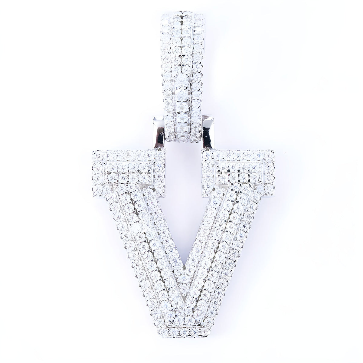Iced-out moissanite letter V pendant in 925 sterling silver