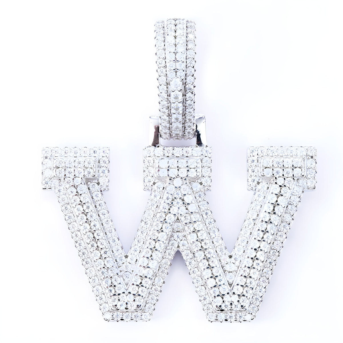 Iced-out moissanite letter W pendant in 925 sterling silver