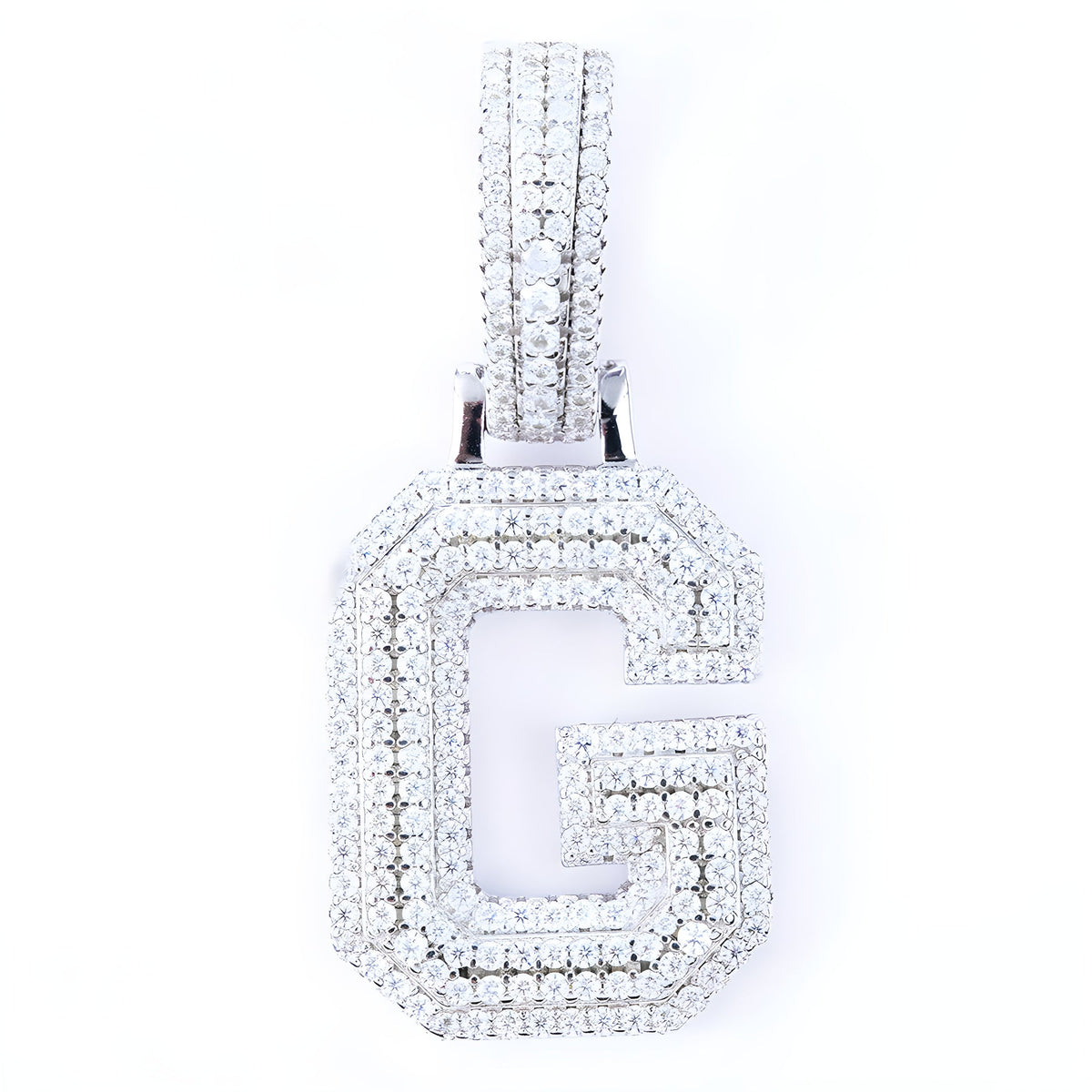 Iced-out moissanite letter G pendant in 925 sterling silver