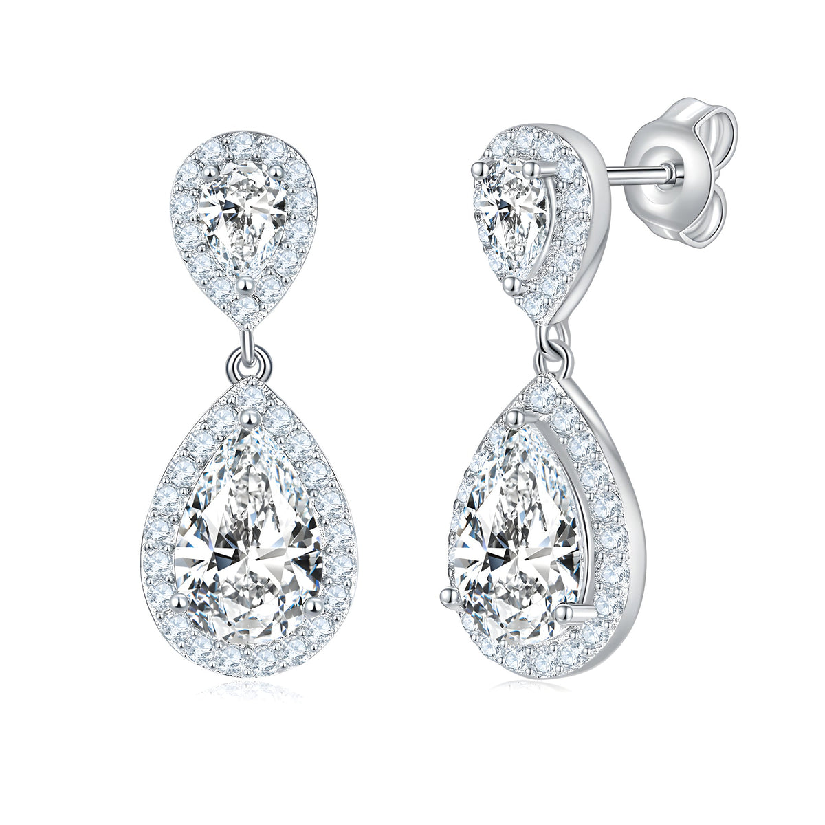 D color pear-cut moissanite halo drop earrings in 925 sterling silver