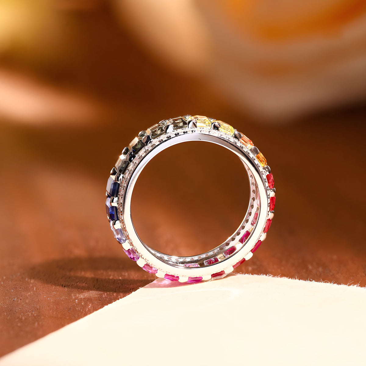 Rainbow Lab-Grown Sapphire Eternity Ring Emerald Cut 925 sterling silver, detail view