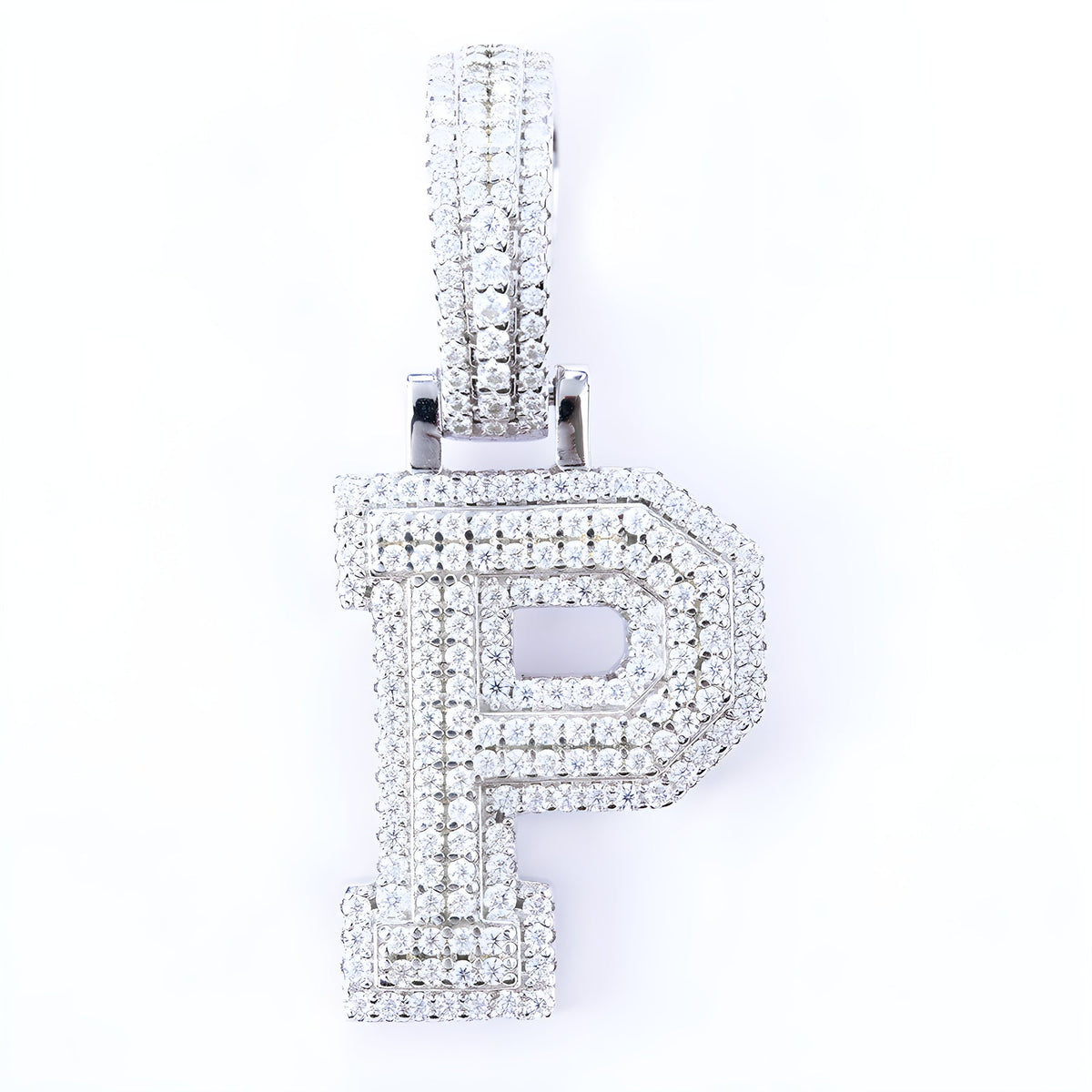 Iced-out moissanite letter P pendant in 925 sterling silver