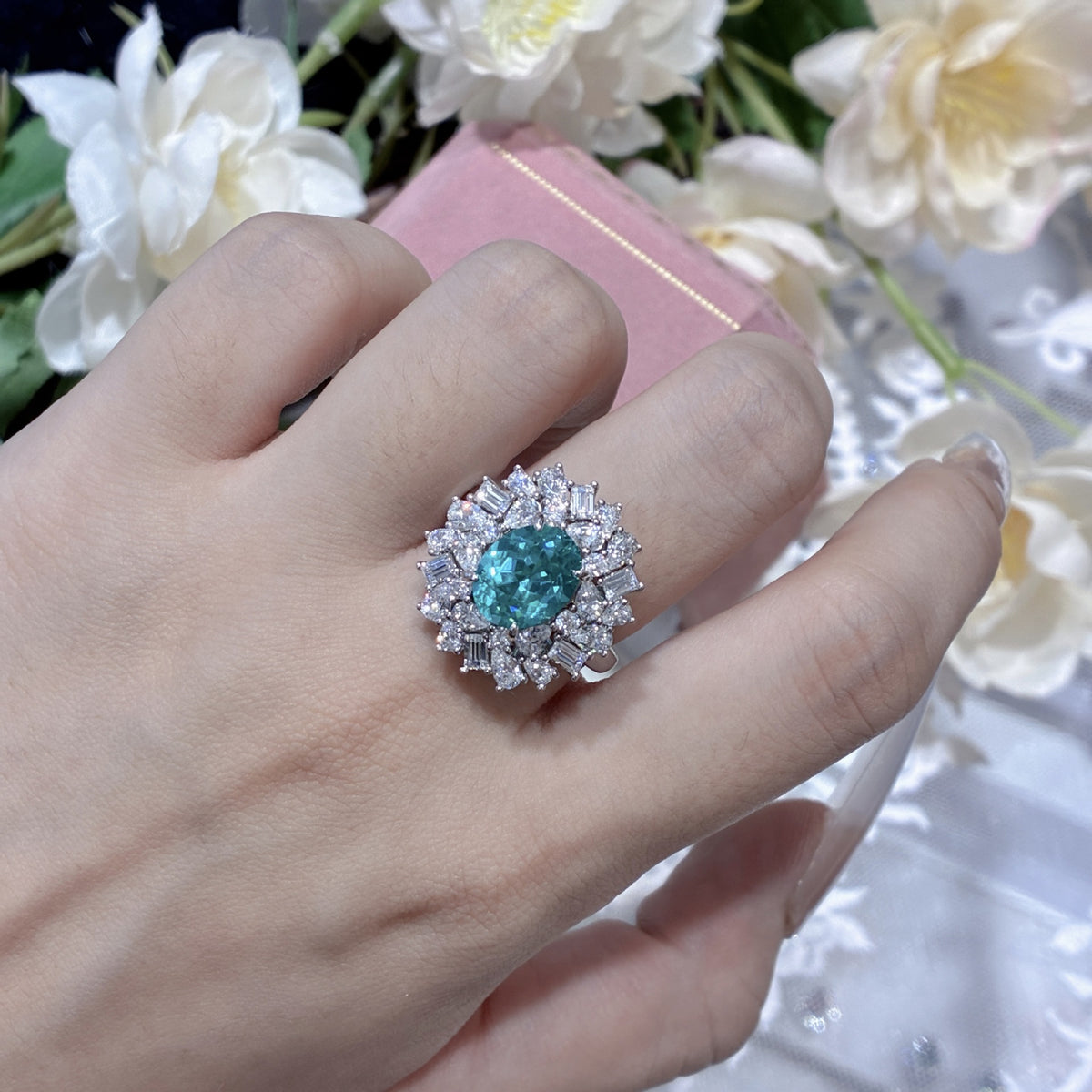 3 Carat Paraiba-Color Lab-Grown Gemstone Cluster Ring 925 sterling silver, alternate product view