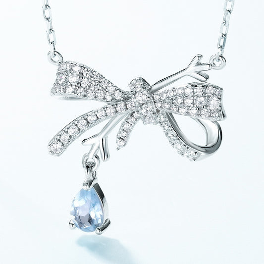 Sky Blue Topaz Bow Pendant Necklace S925 Silver Rose Gold Women