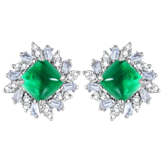 Lab Grown Emerald Stud Earrings 925 sterling silver Silver Sunburst, product view