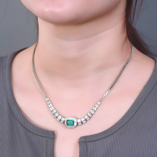 Lab Grown Emerald Statement Necklace 925 sterling silver Silver Halo, alternate product view