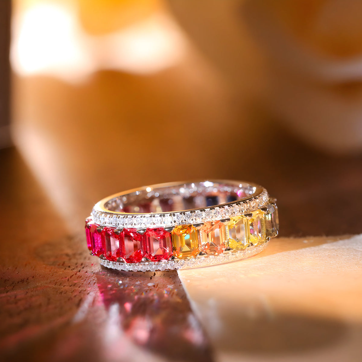 Rainbow Lab-Grown Sapphire Eternity Ring Emerald Cut 925 sterling silver, additional angle
