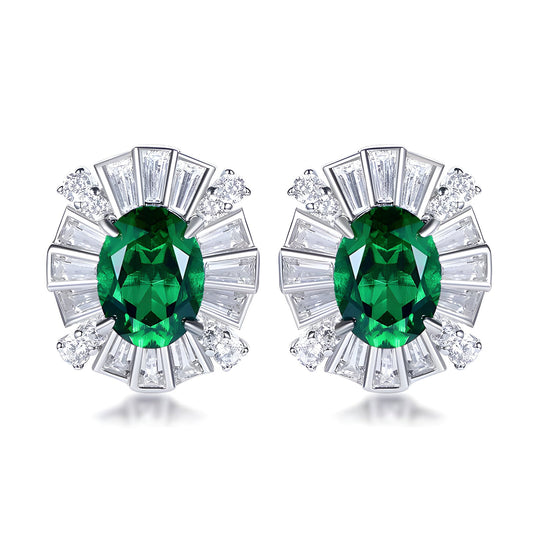 3ct Oval Lab Grown Emerald Stud Earrings 925 sterling silver Silver Pave, product view