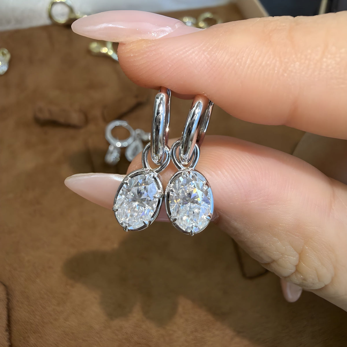 Oval Moissanite Drop Earrings 5×7mm 925 sterling silver, alternate product view