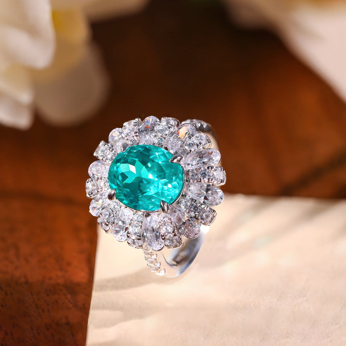 5 Carat Paraiba-Color Lab-Grown Gemstone Ring 925 sterling silver, close-up product view