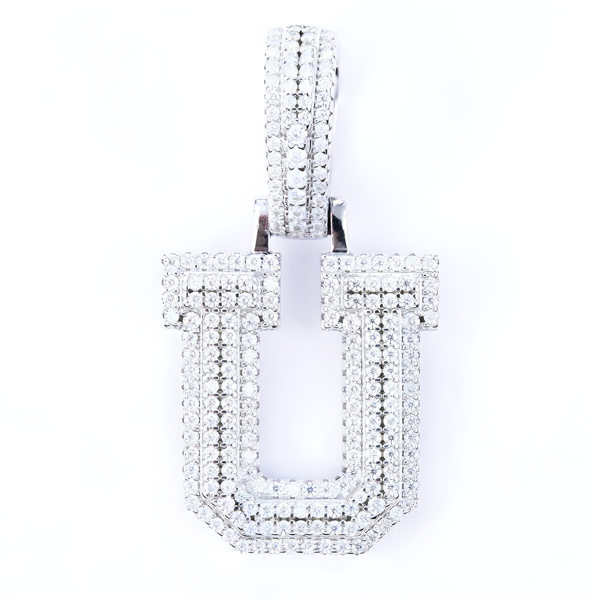 Iced-out moissanite letter U pendant in 925 sterling silver