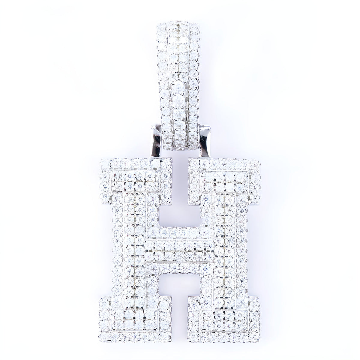 Iced-out moissanite letter H pendant in 925 sterling silver