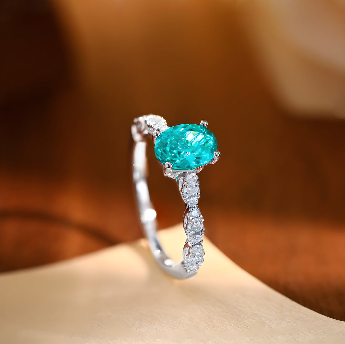 1.5 Carat Oval Lab-Grown Paraiba & Moissanite Ring 925 sterling silver, close-up product view