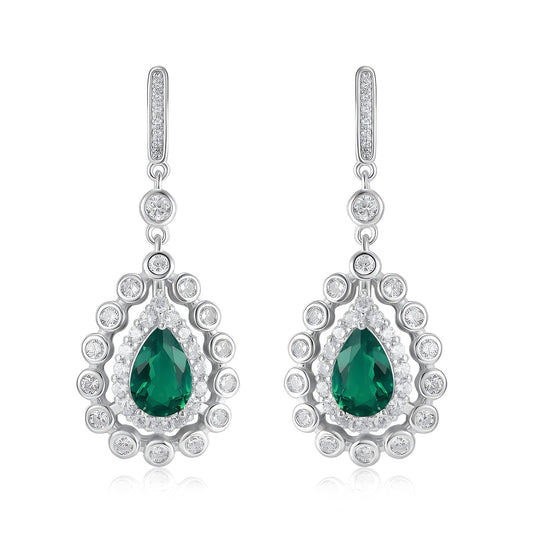 Green teardrop gemstone earrings with layered clear-stone halos
