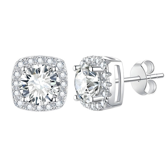 Princess Cut Moissanite Stud Earrings 925 sterling silver Silver Micro Pave CZ, product view
