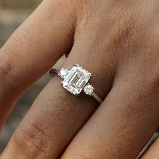 Emerald Cut Moissanite Three-Stone Engagement Ring in 925 sterling silver, alternate product view