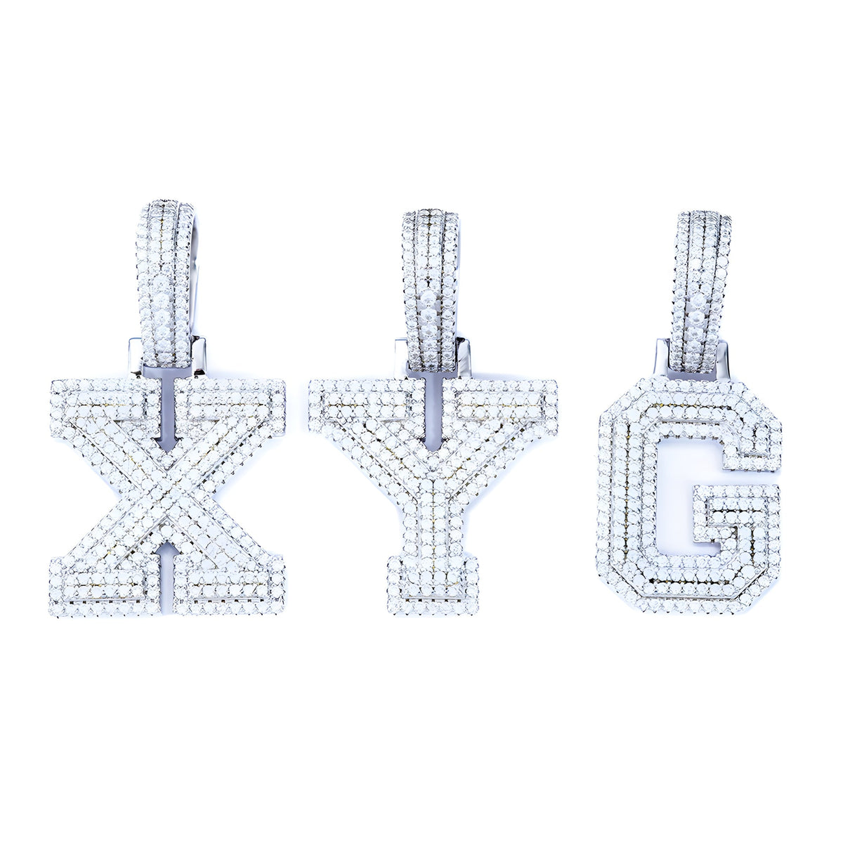 Iced-out moissanite letter X, Y and G pendants