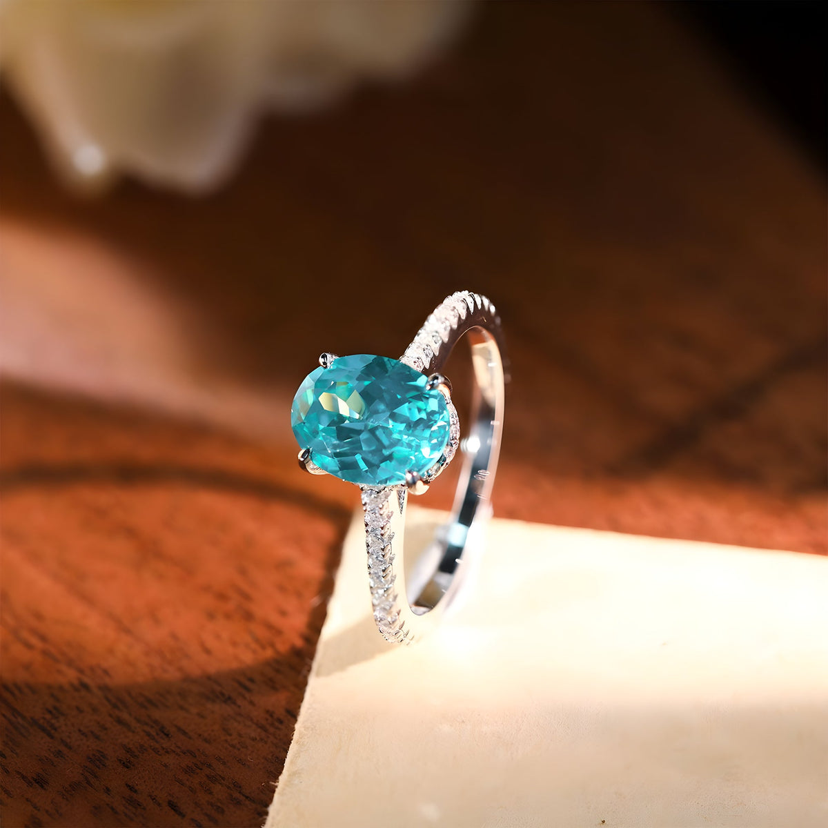 2 Carat Oval Lab-Grown Paraiba Ring with Moissanite 925 sterling silver, detail view