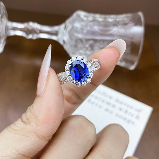 2 Carat Oval Lab-Grown Blue Sapphire Halo Ring – 925 Silver
