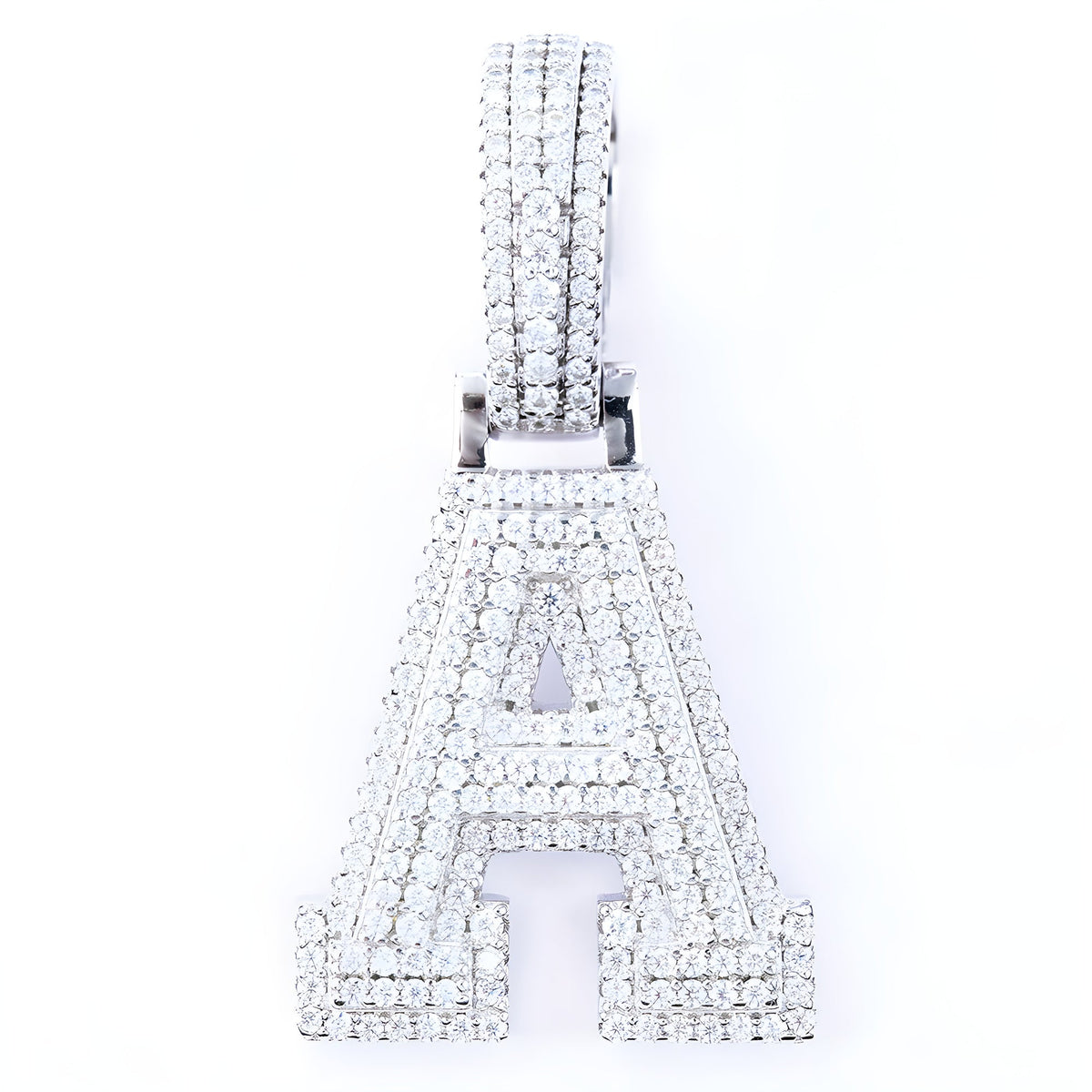 Iced-out moissanite letter A pendant in 925 sterling silver