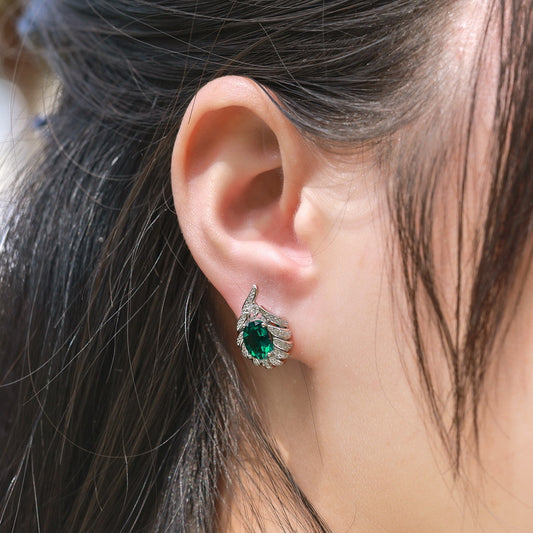 Lab Grown Emerald Stud Earrings S925 Silver Wing Design Women