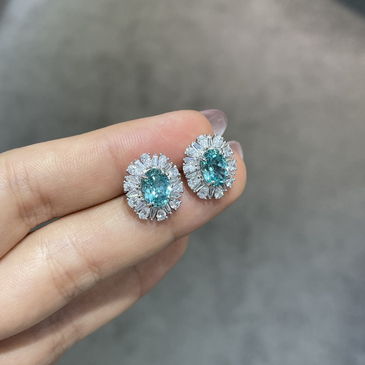 1.5 Carat Lab-Grown Paraiba Oval Halo Stud Earrings, close-up product view