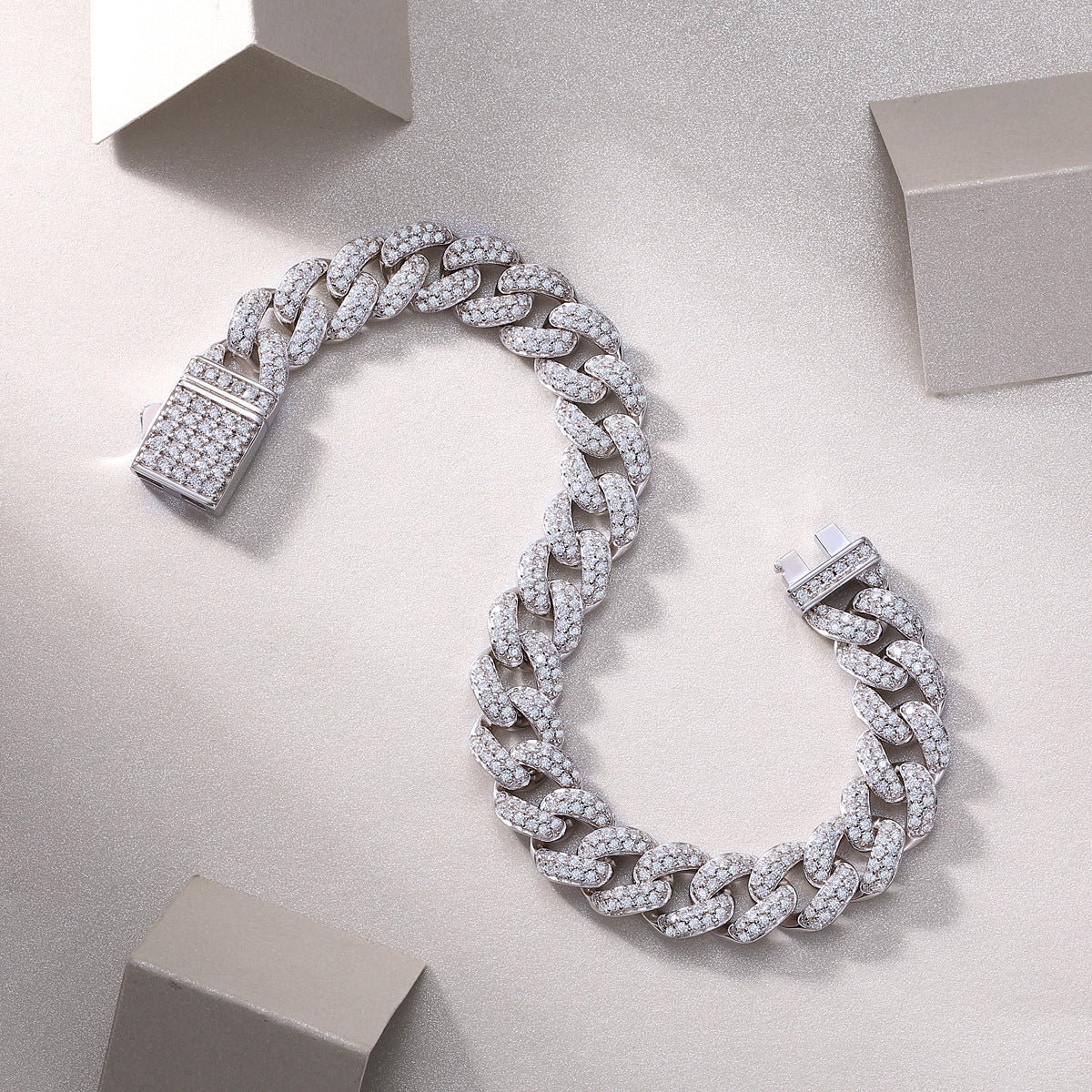 10mm Moissanite Cuban Link Bracelet 925 sterling silver, close-up product view
