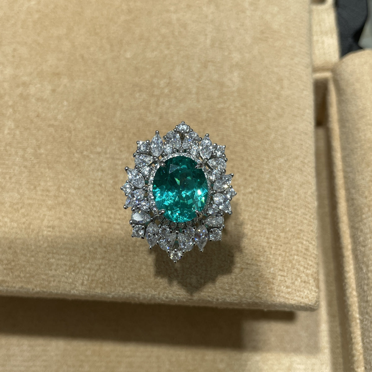 6 Carat Lab-Grown Paraiba Oval Halo Ring 925 sterling silver, close-up product view