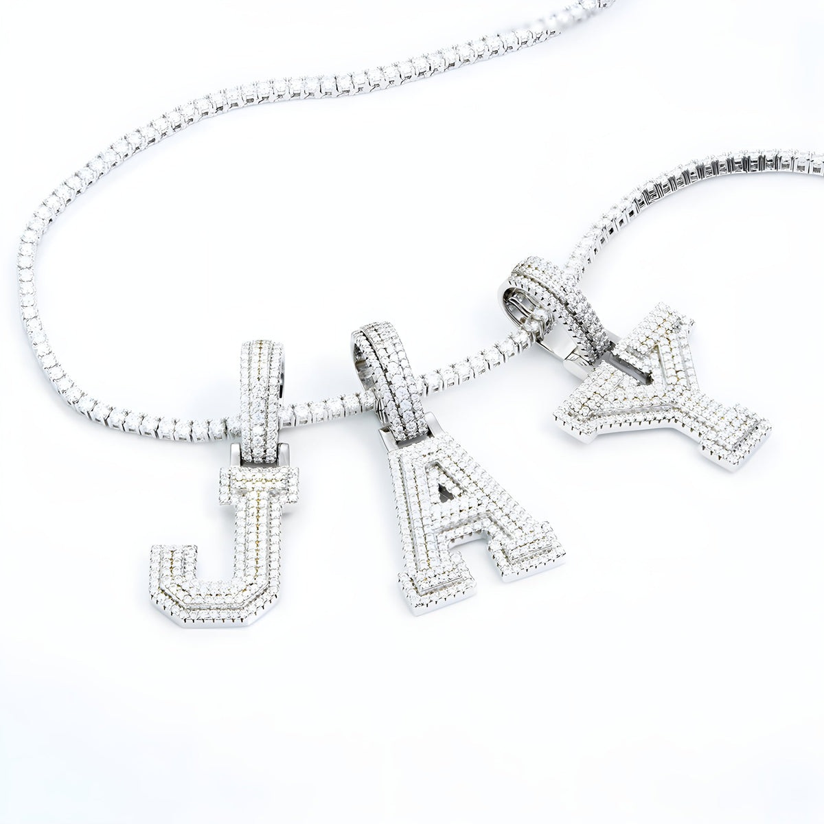 Iced-out moissanite letter J, A and Y pendants