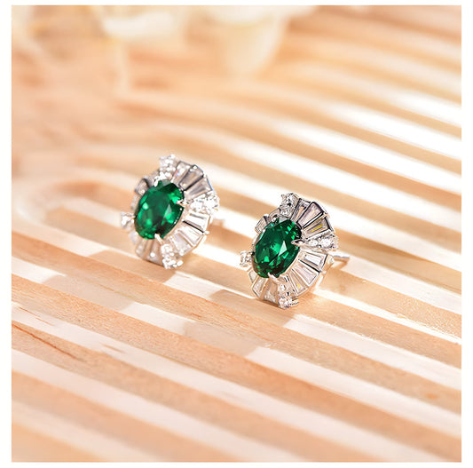 3ct Oval Lab Grown Emerald Stud Earrings 925 sterling silver Silver Pave, alternate product view