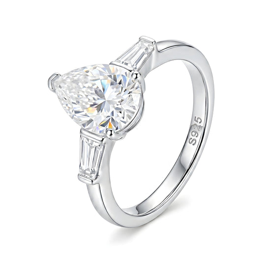 2 CT Three-Stone Pear Cut Moissanite Ring in 925 sterling silver, product view
