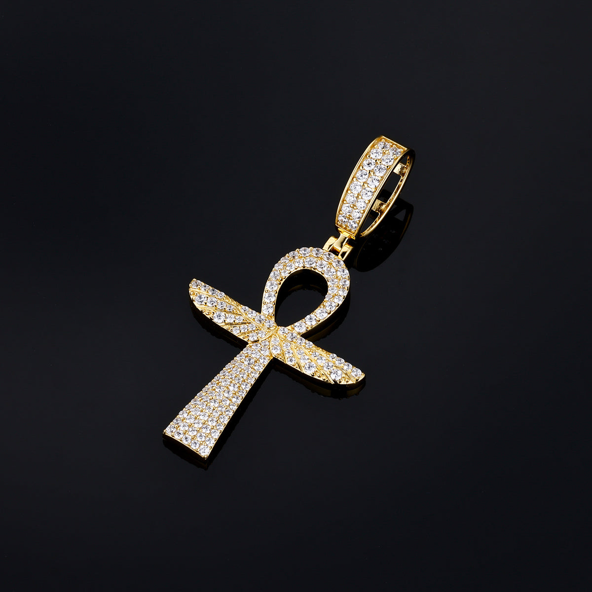 Gold-tone Ankh cross moissanite pendant detail