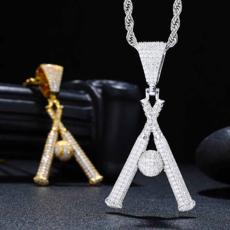 Crossed Baseball Bats Moissanite Pendant close-up