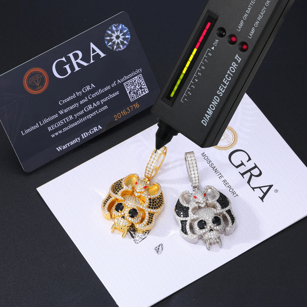 Silver-tone bat skull moissanite pendant angled view
