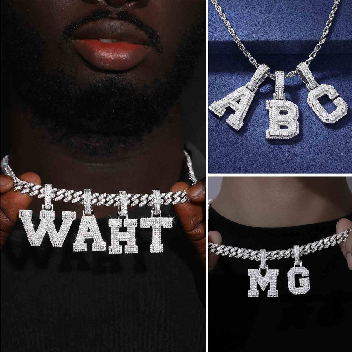 Block letter moissanite initial pendants styled with chains