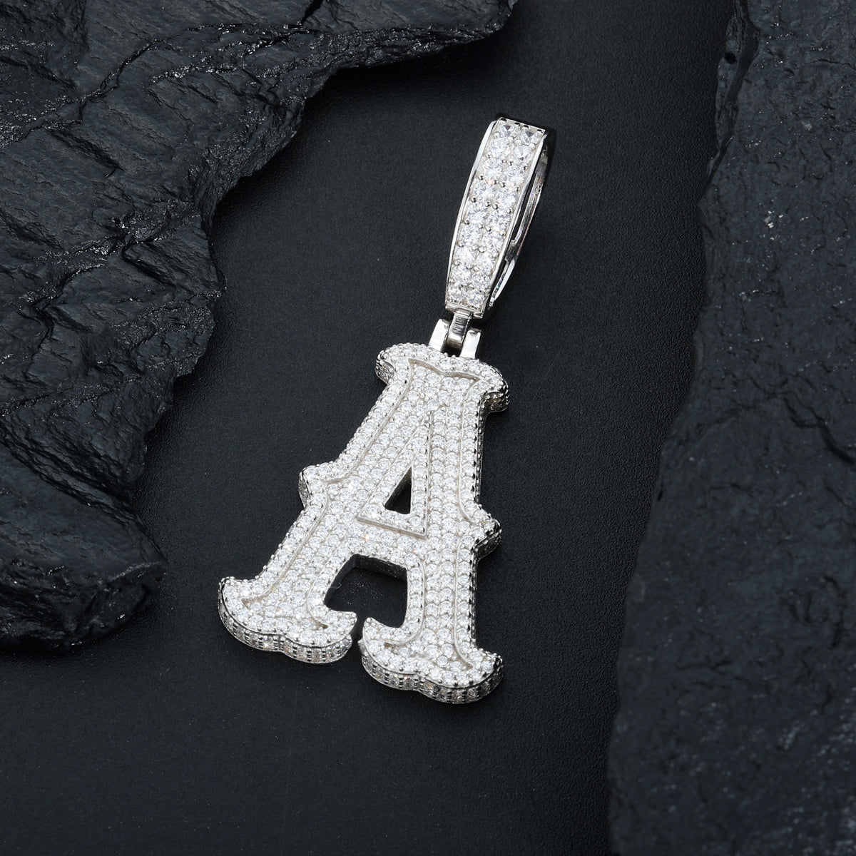 Silver-tone bubble letter A moissanite pendant in sterling silver