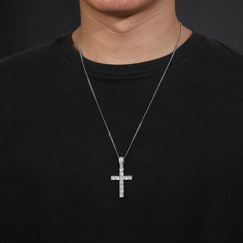 Silver-tone classic cross moissanite pendant worn