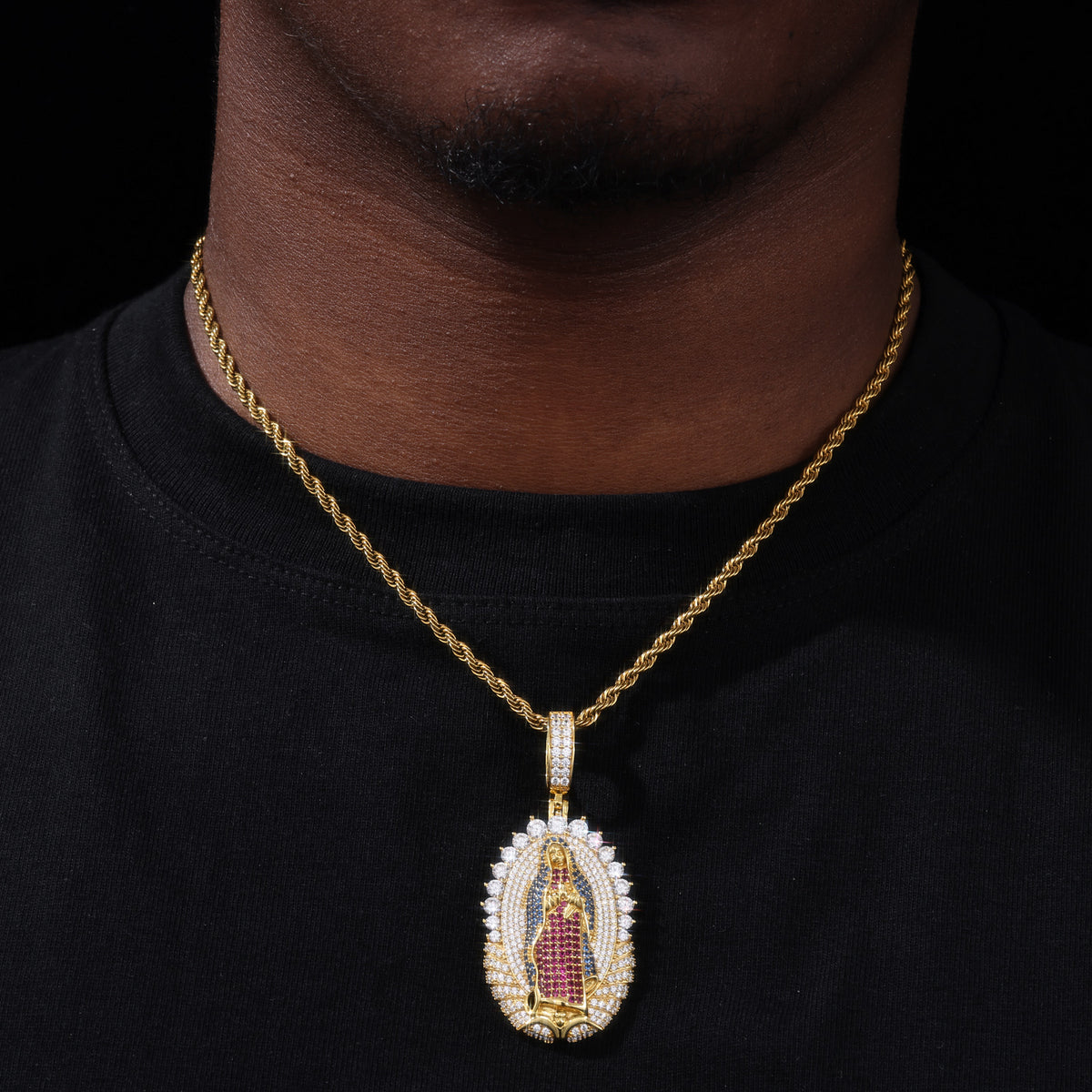 Gold-tone colorful Guadalupe moissanite pendant worn