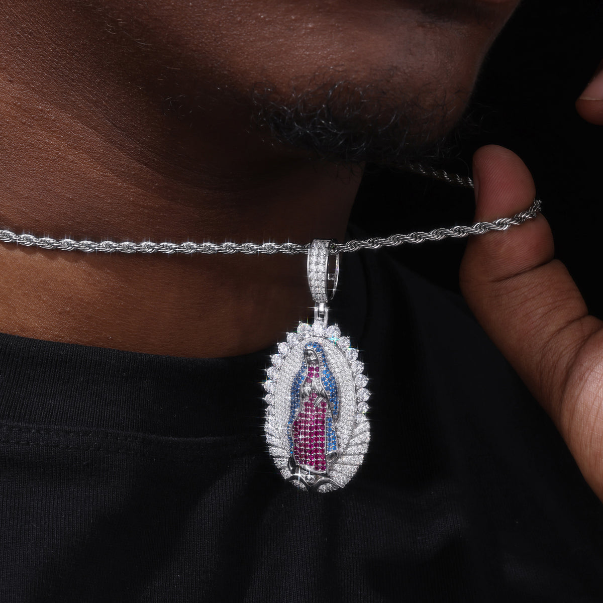 Silver-tone colorful Guadalupe moissanite pendant worn