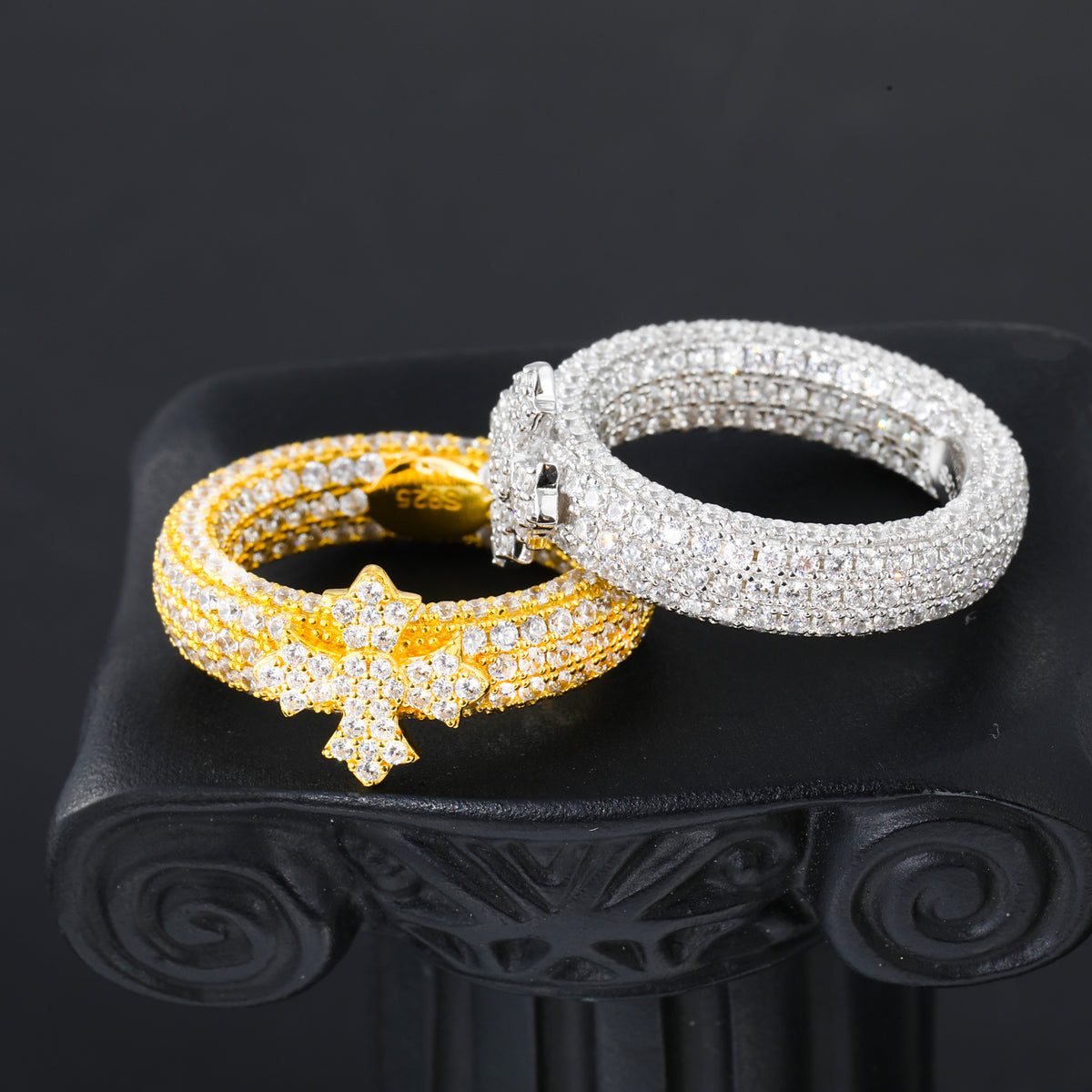 Silver and gold tone triple-row cross band moissanite rings