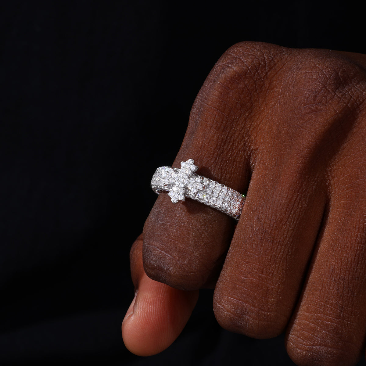 Silver tone triple-row cross band moissanite ring worn