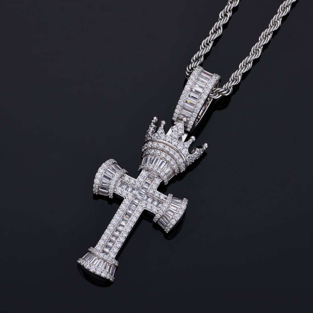 Crowned Cross Moissanite Pendant close-up