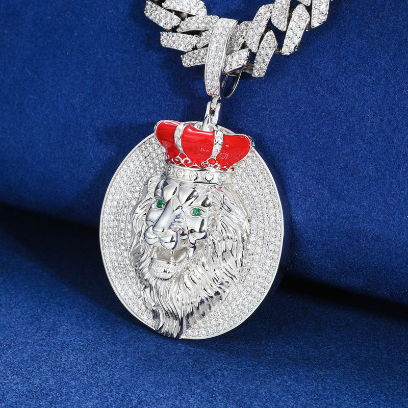 Silver-tone crown lion moissanite pendant front view