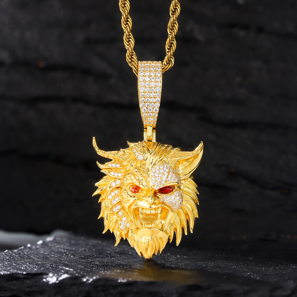 Gold tone two-faced demon mask moissanite pendant