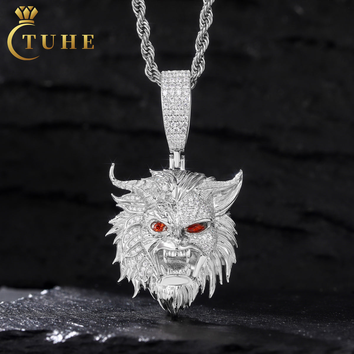 Silver tone two-faced demon mask moissanite pendant